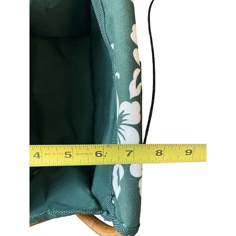 Vintage Folding Sewing Craft Organizer Basket Green Floral Wood Handle Storage